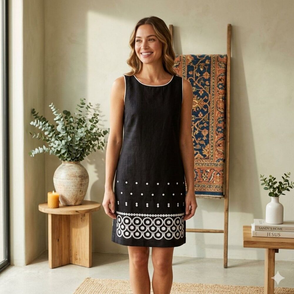 Eliza J Womens 6P Black Sheath Dress Linen Rayon Sleeveless Embroidered Hem